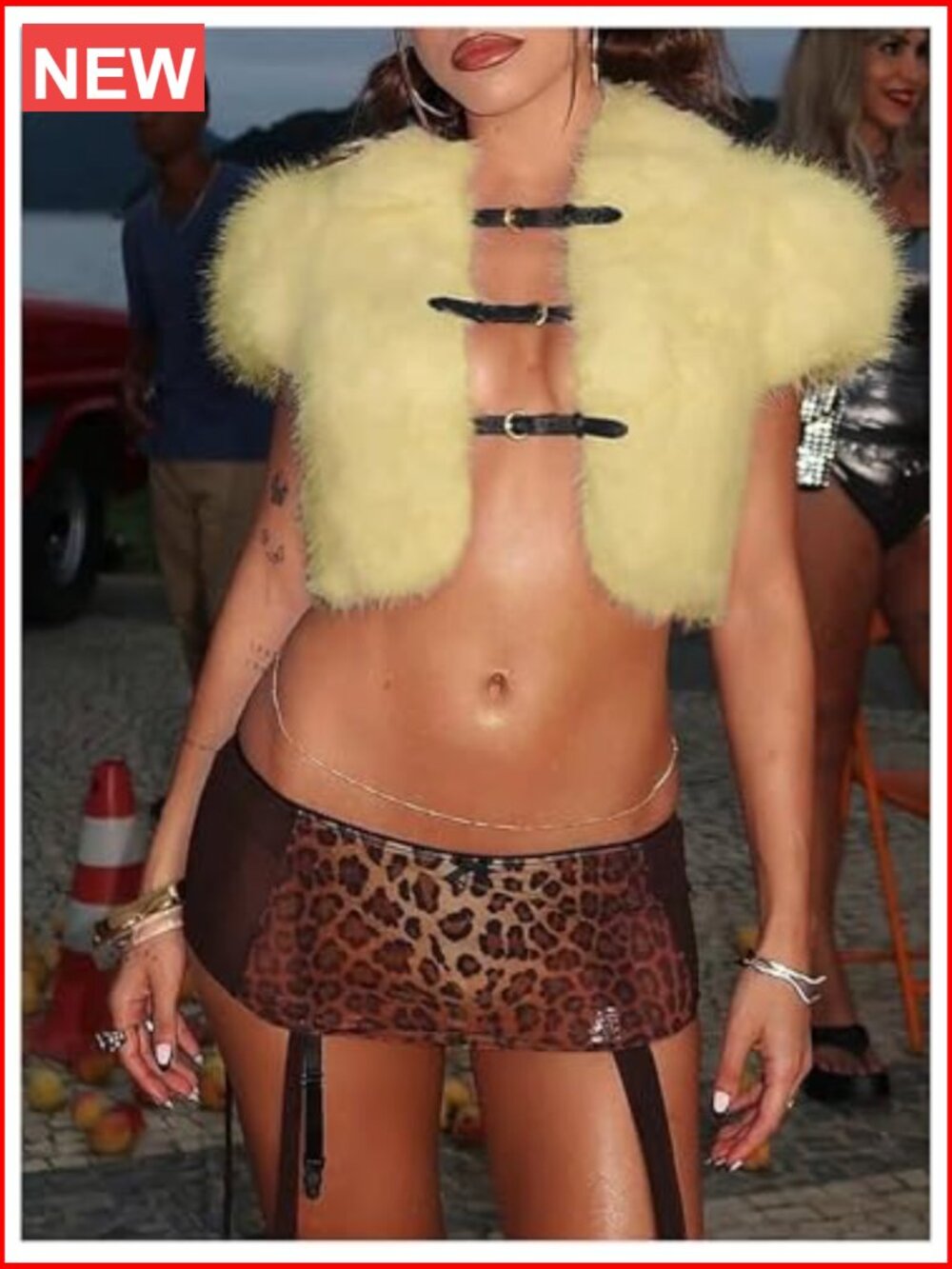 Faux Fur Super Crop Top Buckle Short Sleeve Collared Y2K Jacket Going Out Top - Picture 2 of 5